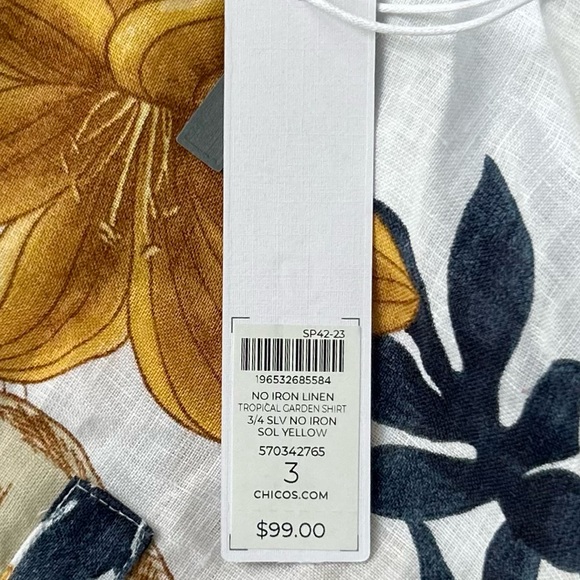 Chico’s No Iron Linen Shirt Size 16 Tropical Garden 3/4 Sleeve Gold NEW - Picture 13 of 14